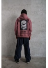 Erkek 3 İplik Pamuklu Kapüşonlu Baskılı Cepli Oversize Sweatshirt Hoodie - Gül Kurusu