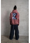 Erkek 3 İplik Pamuklu Kapüşonlu Baskılı Cepli Oversize Sweatshirt Hoodie - Gül Kurusu