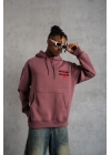Erkek 3 İplik Pamuklu Kapüşonlu Baskılı Cepli Oversize Sweatshirt Hoodie - Gül Kurusu