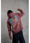 Erkek 3 İplik Pamuklu Kapüşonlu Baskılı Cepli Oversize Sweatshirt Hoodie - Gül Kurusu