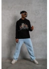 Erkek 3 İplik Pamuklu Kapüşonlu Baskılı Cepli Oversize Sweatshirt Hoodie - Siyah