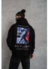 Erkek 3 İplik Pamuklu Kapüşonlu Baskılı Cepli Oversize Sweatshirt Hoodie - Siyah