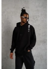 Erkek 3 İplik Pamuklu Kapüşonlu Baskılı Cepli Oversize Sweatshirt Hoodie - Siyah