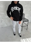 Erkek 3 İplik Pamuklu Kapüşonlu Baskılı Cepli Oversize Sweatshirt Hoodie - Siyah