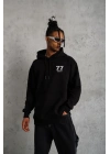 Erkek 3 İplik Pamuklu Kapüşonlu Baskılı Cepli Oversize Sweatshirt Hoodie - Siyah