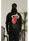 Erkek 3 İplik Pamuklu Kapüşonlu Baskılı Cepli Oversize Sweatshirt Hoodie - Siyah