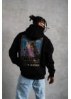Erkek 3 İplik Pamuklu Kapüşonlu Baskılı Cepli Oversize Sweatshirt Hoodie - Siyah