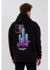 Erkek 3 İplik Pamuklu Kapüşonlu Baskılı Cepli Oversize Sweatshirt Hoodie - Siyah