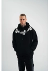 Erkek 3 İplik Pamuklu Kapüşonlu Baskılı Cepli Oversize Sweatshirt Hoodie - Siyah