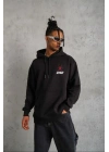 Erkek 3 İplik Pamuklu Kapüşonlu Baskılı Cepli Oversize Sweatshirt Hoodie - Siyah