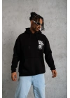 Erkek 3 İplik Pamuklu Kapüşonlu Baskılı Cepli Oversize Sweatshirt Hoodie - Siyah