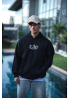 Erkek 3 İplik Pamuklu Kapüşonlu Baskılı Cepli Oversize Sweatshirt Hoodie - Siyah