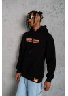 Erkek 3 İplik Pamuklu Kapüşonlu Baskılı Cepli Oversize Sweatshirt Hoodie - Siyah