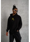 Erkek 3 İplik Pamuklu Kapüşonlu Baskılı Cepli Oversize Sweatshirt Hoodie - Siyah