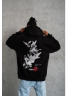Erkek 3 İplik Pamuklu Kapüşonlu Baskılı Cepli Oversize Sweatshirt Hoodie - Siyah
