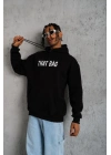 Erkek 3 İplik Pamuklu Kapüşonlu Baskılı Cepli Oversize Sweatshirt Hoodie - Siyah