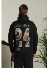 Erkek 3 İplik Pamuklu Kapüşonlu Baskılı Cepli Oversize Sweatshirt Hoodie - Siyah