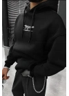 Erkek 3 İplik Pamuklu Kapüşonlu Baskılı Cepli Oversize Sweatshirt Hoodie - Siyah