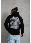 Erkek 3 İplik Pamuklu Kapüşonlu Baskılı Cepli Oversize Sweatshirt Hoodie - Siyah