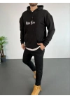 Erkek 3 İplik Pamuklu Kapüşonlu Baskılı Cepli Oversize Sweatshirt Hoodie - Siyah