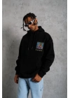 Erkek 3 İplik Pamuklu Kapüşonlu Baskılı Cepli Oversize Sweatshirt Hoodie - Siyah