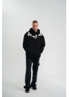 Erkek 3 İplik Pamuklu Kapüşonlu Baskılı Cepli Oversize Sweatshirt Hoodie - Siyah
