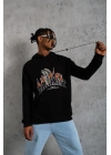 Erkek 3 İplik Pamuklu Kapüşonlu Baskılı Cepli Oversize Sweatshirt Hoodie - Siyah