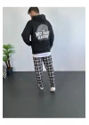 Erkek 3 İplik Pamuklu Kapüşonlu Baskılı Cepli Oversize Sweatshirt Hoodie - Siyah