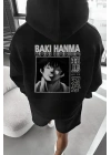 Erkek 3 İplik Pamuklu Kapüşonlu Baskılı Cepli Oversize Sweatshirt Hoodie - Siyah