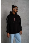 Erkek 3 İplik Pamuklu Kapüşonlu Baskılı Cepli Oversize Sweatshirt Hoodie - Siyah