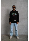 Erkek 3 İplik Pamuklu Kapüşonlu Baskılı Cepli Oversize Sweatshirt Hoodie - Siyah