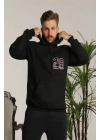 Erkek 3 İplik Pamuklu Kapüşonlu Baskılı Cepli Oversize Sweatshirt Hoodie - Siyah