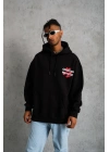 Erkek 3 İplik Pamuklu Kapüşonlu Baskılı Cepli Oversize Sweatshirt Hoodie - Siyah