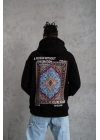 Erkek 3 İplik Pamuklu Kapüşonlu Baskılı Cepli Oversize Sweatshirt Hoodie - Siyah