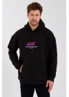 Erkek 3 İplik Pamuklu Kapüşonlu Baskılı Cepli Oversize Sweatshirt Hoodie - Siyah