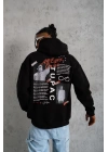 Erkek 3 İplik Pamuklu Kapüşonlu Baskılı Cepli Oversize Sweatshirt Hoodie - Siyah