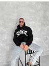 Erkek 3 İplik Pamuklu Kapüşonlu Baskılı Cepli Oversize Sweatshirt Hoodie - Siyah