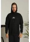 Erkek 3 İplik Pamuklu Kapüşonlu Baskılı Cepli Oversize Sweatshirt Hoodie - Siyah