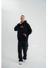 Erkek 3 İplik Pamuklu Kapüşonlu Baskılı Cepli Oversize Sweatshirt Hoodie - Siyah