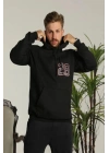 Erkek 3 İplik Pamuklu Kapüşonlu Baskılı Cepli Oversize Sweatshirt Hoodie - Siyah
