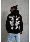 Erkek 3 İplik Pamuklu Kapüşonlu Baskılı Cepli Oversize Sweatshirt Hoodie - Siyah