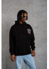 Erkek 3 İplik Pamuklu Kapüşonlu Baskılı Cepli Oversize Sweatshirt Hoodie - Siyah