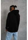 Erkek 3 İplik Pamuklu Kapüşonlu Baskılı Cepli Oversize Sweatshirt Hoodie - Siyah
