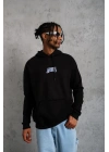 Erkek 3 İplik Pamuklu Kapüşonlu Baskılı Cepli Oversize Sweatshirt Hoodie - Siyah