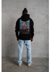 Erkek 3 İplik Pamuklu Kapüşonlu Baskılı Cepli Oversize Sweatshirt Hoodie - Siyah