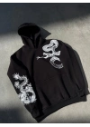Erkek 3 İplik Pamuklu Kapüşonlu Baskılı Cepli Oversize Sweatshirt Hoodie - Siyah