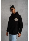 Erkek 3 İplik Pamuklu Kapüşonlu Baskılı Cepli Oversize Sweatshirt Hoodie - Siyah