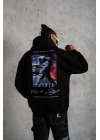 Erkek 3 İplik Pamuklu Kapüşonlu Baskılı Cepli Oversize Sweatshirt Hoodie - Siyah