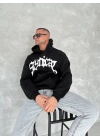 Erkek 3 İplik Pamuklu Kapüşonlu Baskılı Cepli Oversize Sweatshirt Hoodie - Siyah