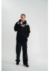 Erkek 3 İplik Pamuklu Kapüşonlu Baskılı Cepli Oversize Sweatshirt Hoodie - Siyah
